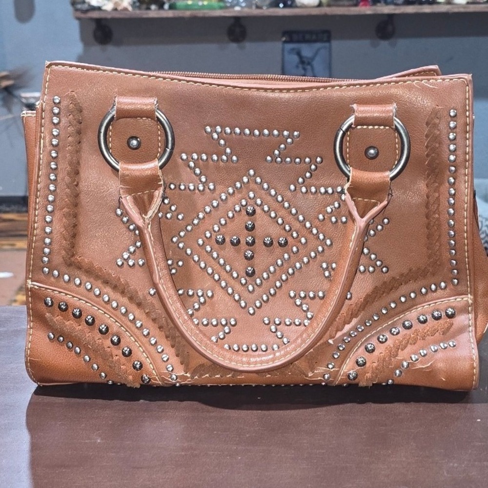 Montana West Studded Western Satchel Handbag Tan Faux Leather Southwestern Boho‎
